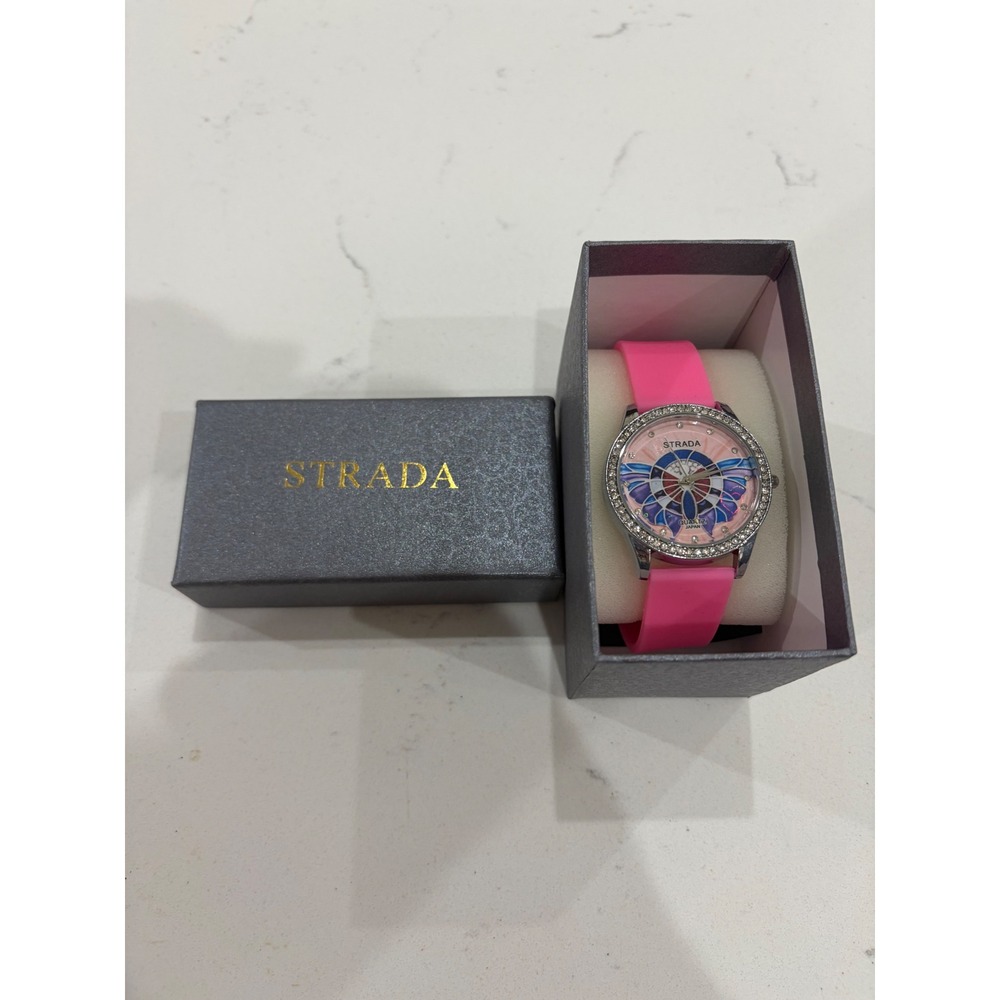 Strada Womens Pink Butterfly Dial Crystal Bezel Quartz Watch Silicone Strap Box